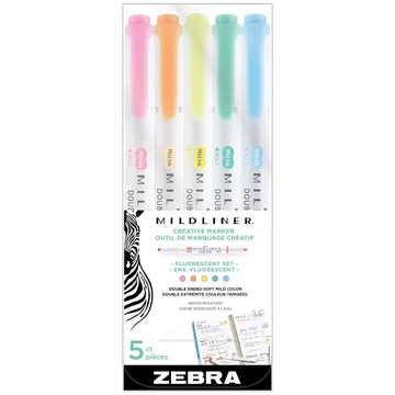 Szövegkiemelő készlet, 1,4/4 mm, kétvégű, Zebra Mildliner Fluorescent, 5 szín