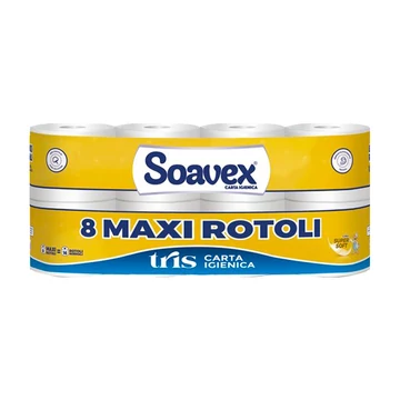Toalettpapír 3 rétegű kistekercses 100% cellulóz 155 lap/17,5 m/tekercs 8 tekercs/csomag Soavex Maxi Rotoli_Paperdi