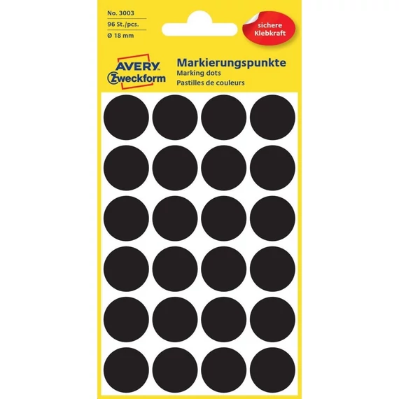 Etikett címke, o18mm, jelölésre, 24 címke/ív, 4 ív/doboz, Avery fekete