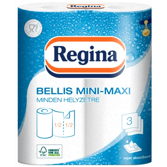 Háztartási papírtörlő kéztörlő 3 rétegű 100 lap/tekercs 2 tekercs/csomag Bellis Mini-Maxi fehér