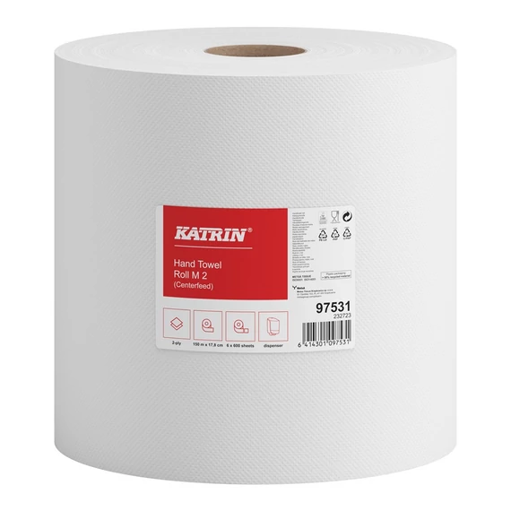 Kéztörlő 2 rétegű belsőmagos tekercses átmérő: 20 cm 600 lap/150 m/tekercs 6 tekercs/csomag S Katrin_97531 fehér