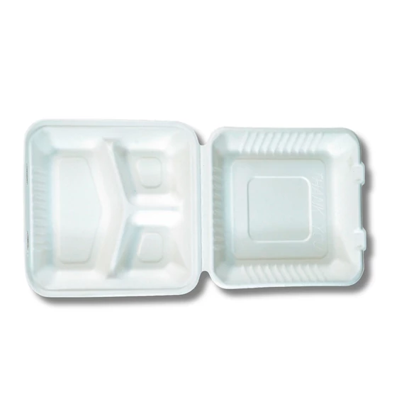 Papírdoboz ételes 3 részes HP4, 23 x 23 x 8cm komposztálható cukornád 100 db/csomag, natúr