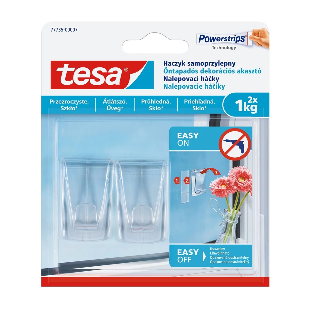 Akasztó öntapadós műanyag, 1 kg teherbírású 2 darab/bliszter Tesa Powerstrips átlátszó