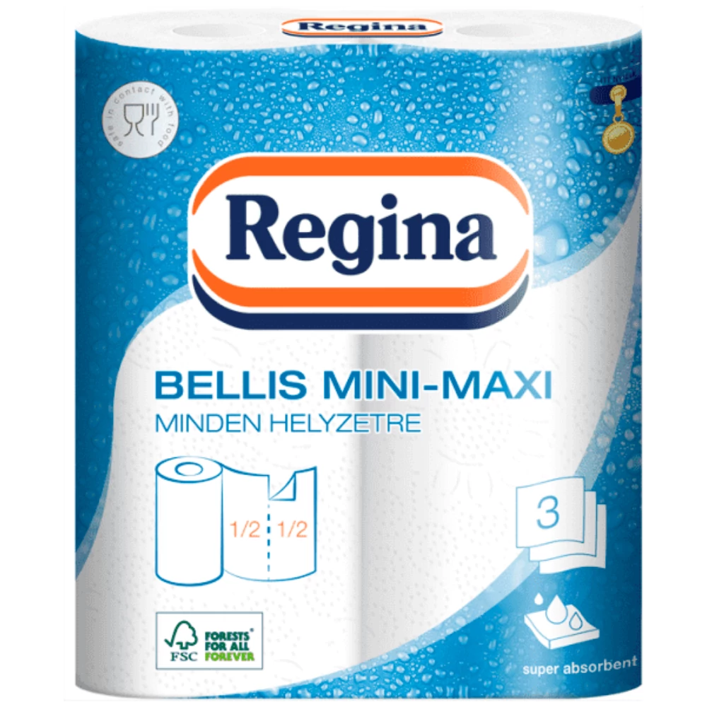 Háztartási papírtörlő kéztörlő 3 rétegű 100 lap/tekercs 2 tekercs/csomag Bellis Mini-Maxi fehér