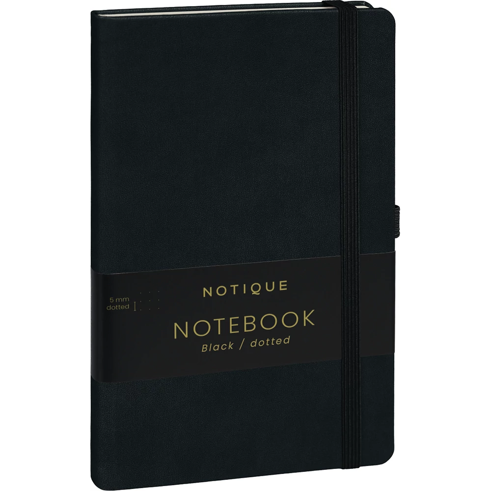 Keménytáblás notesz pontozott vonalozással krémszínű lapokkal leszorító gumiszalaggal Black 130x210mm, Presco