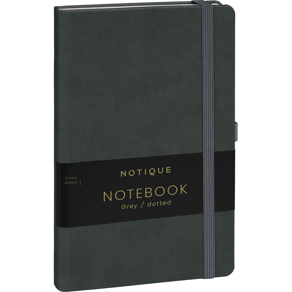 Keménytáblás notesz pontozott vonalozással krémszínű lapokkal leszorító gumiszalaggal Gray 130x210mm, Presco