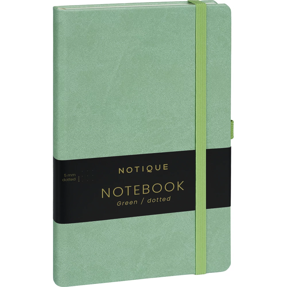 Keménytáblás notesz pontozott vonalozással krémszínű lapokkal leszorító gumiszalaggal Green 130x210mm, Presco