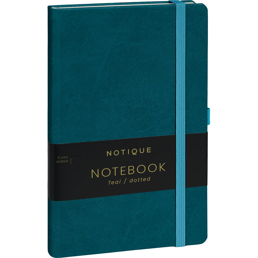 Keménytáblás notesz pontozott vonalozással krémszínű lapokkal leszorító gumiszalaggal Teal 130x210mm, Presco