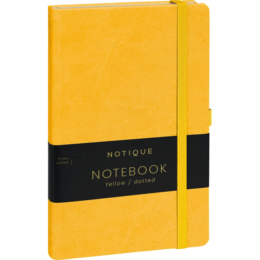 Keménytáblás notesz pontozott vonalozással krémszínű lapokkal leszorító gumiszalaggal Yellow 130x210mm, Presco