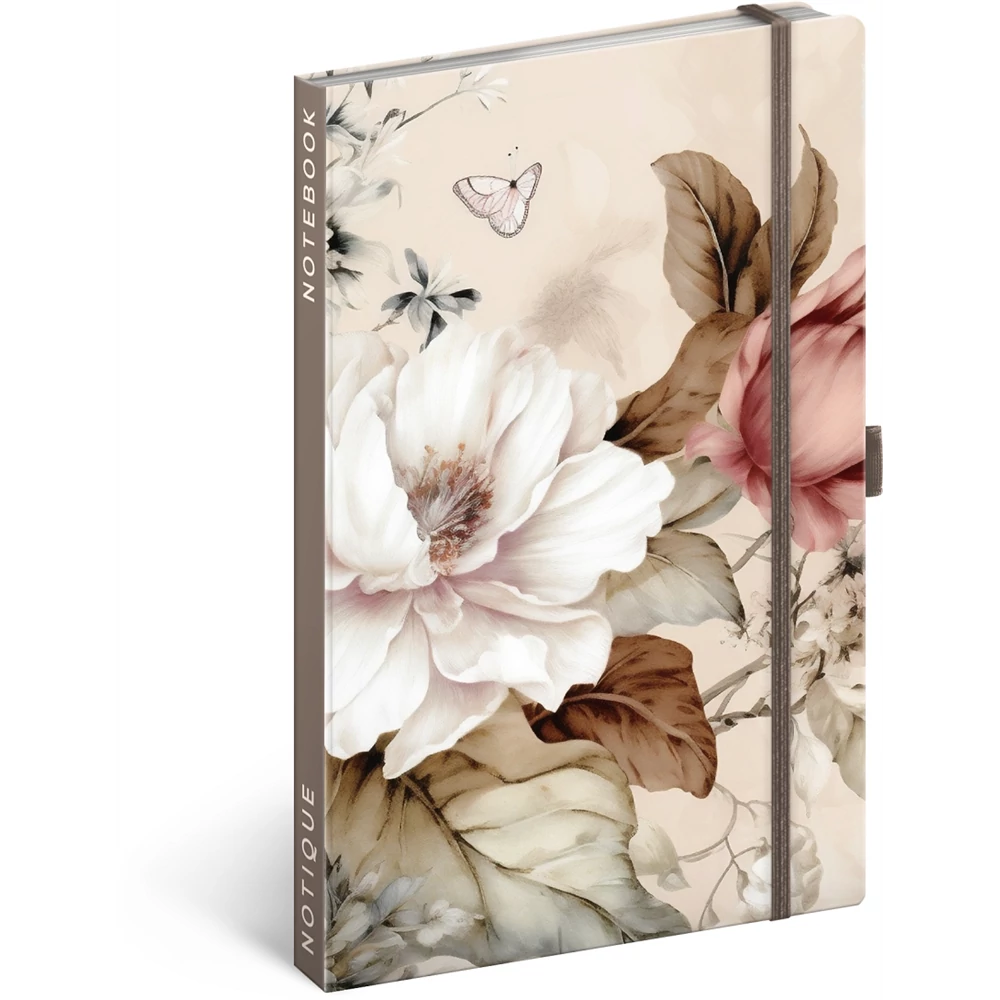 Keménytáblás notesz krémszínű lapokkal leszorító gumiszalaggal Herbarium 130x210mm, Presco