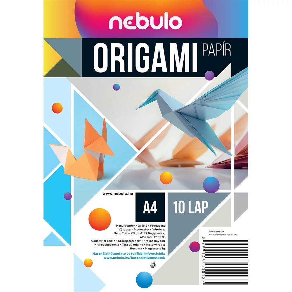 Origami papír A4, vegyes színek, 10 lap/csomag, Nebulo