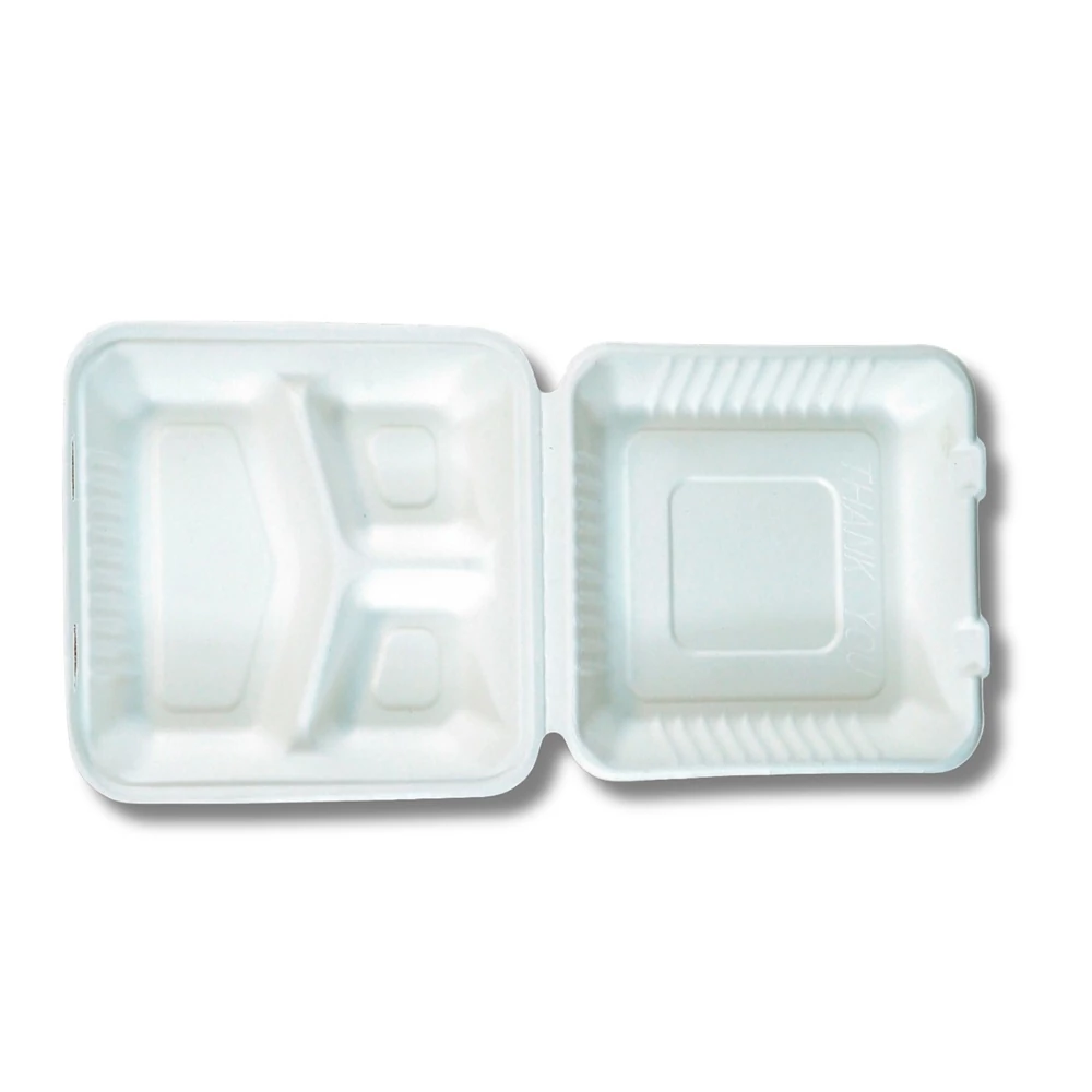 Papírdoboz ételes 3 részes HP4, 23 x 23 x 8cm komposztálható cukornád 100 db/csomag, natúr