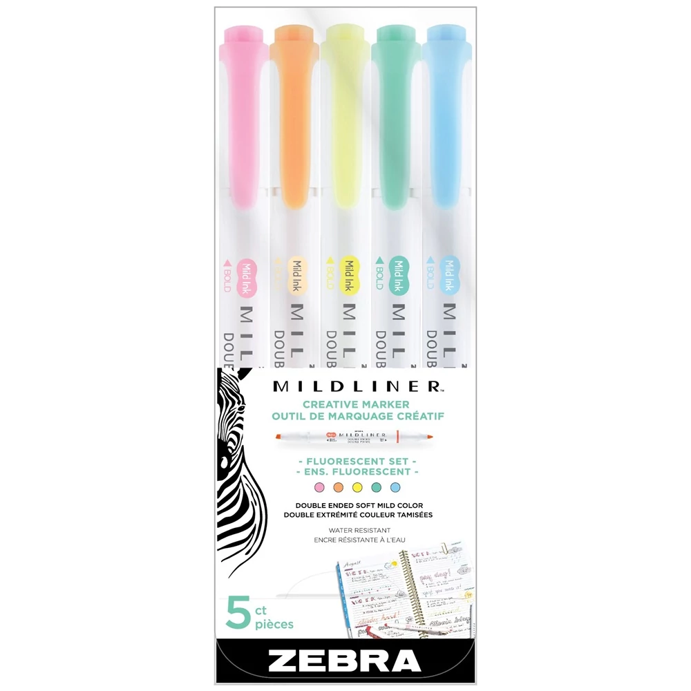 Szövegkiemelő készlet, 1,4/4 mm, kétvégű, Zebra Mildliner Fluorescent, 5 szín