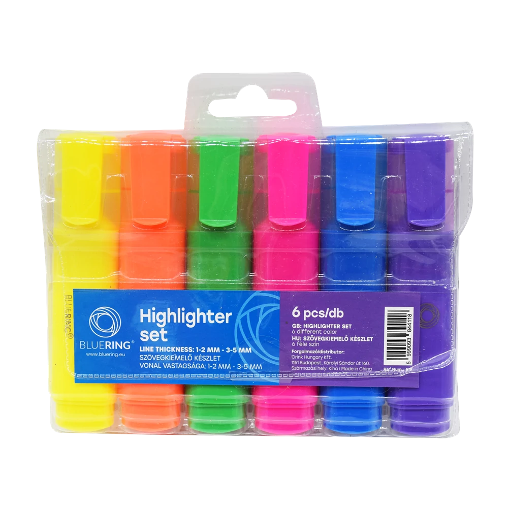 Szövegkiemelő lapos testű készlet, Bluering® 6 klf. szín