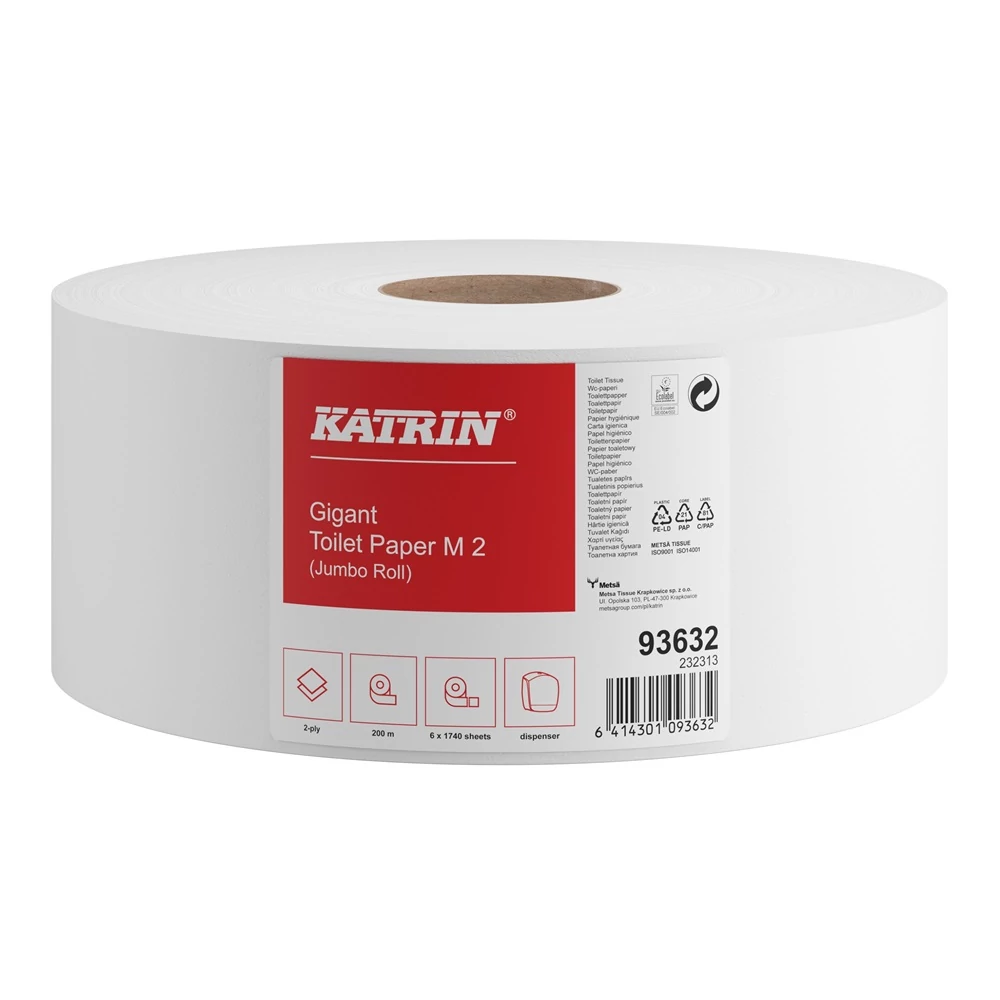 Toalettpapír 2 rétegű közületi átmérő: 24 cm 1740 lap/200 m/tekercs 6 tekercs/csomag Katrin Jumbo_93632 fehér